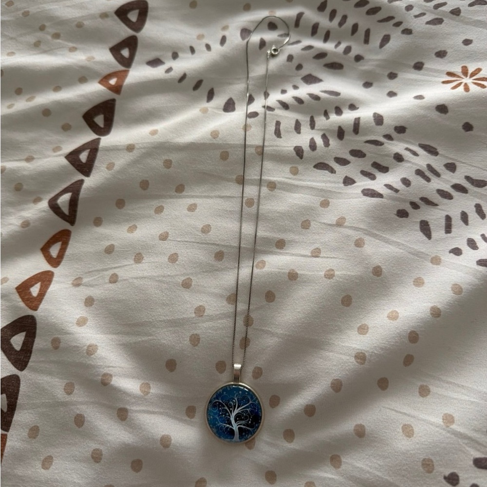 Silver Tree of Life Blue Glass Pendant Necklace